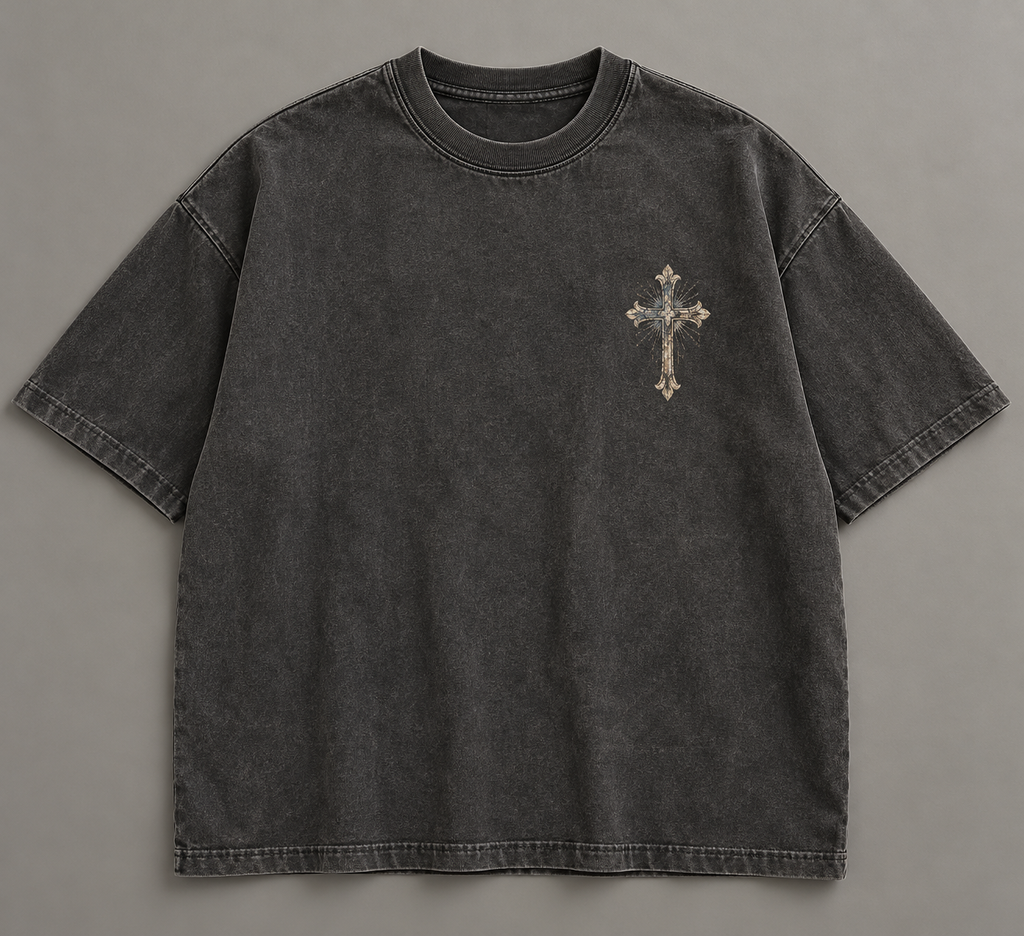 Matthew 14:25 Walking on Water Tee — front with ornate cross